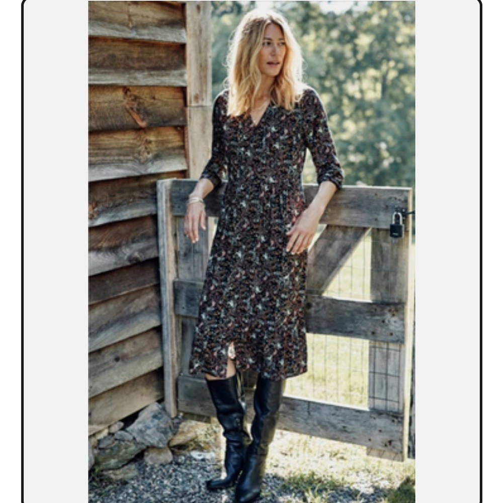 J.Jill Paisley Long Sleeve Flowy Button Front V-Neck A-Line Midi Dress